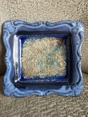 Art Pottery Cobalt Blue Glazed Trinket Dish Crackle Glass Infused Made In USA
